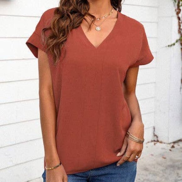 NWT V‑Neck Short Bat Sleeve Loose Top Rust Casual Women’s Blouse Large - Picture 3 of 3